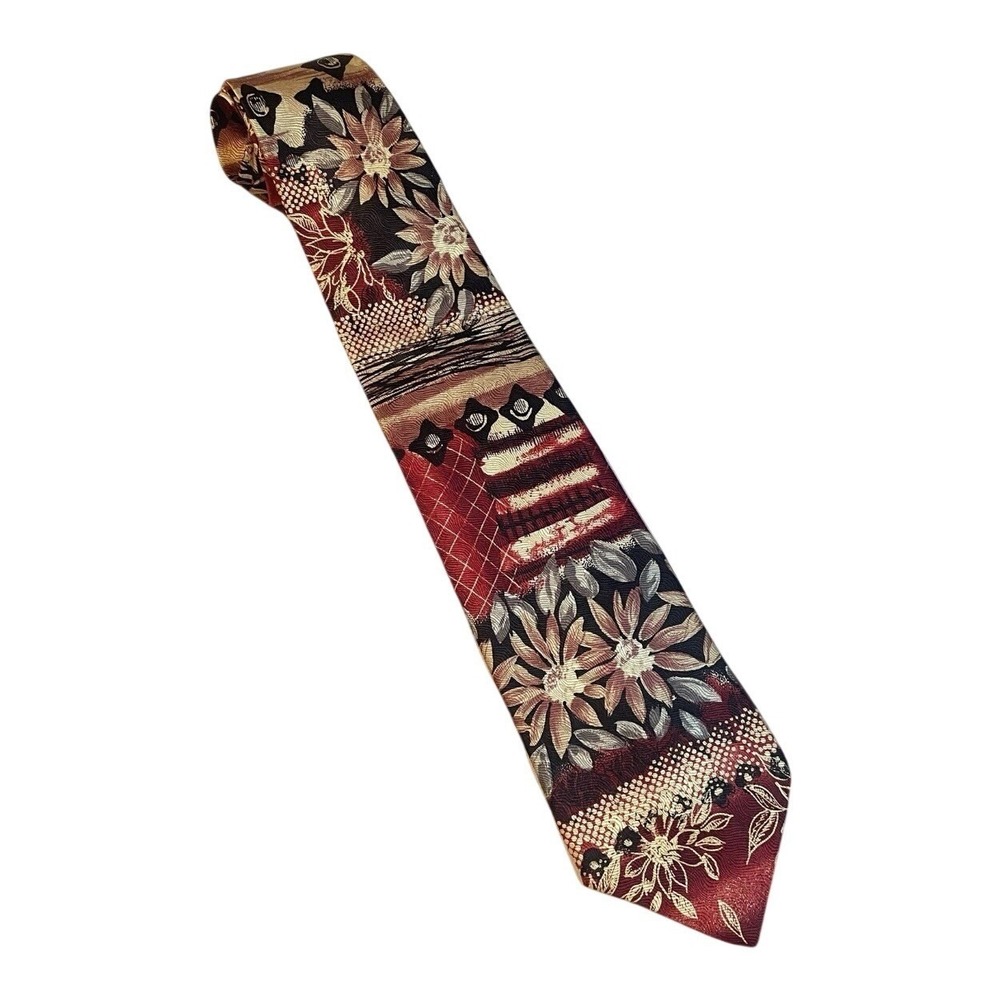 Bugatti Necktie Men One Size Burgundy Gold Floral Abstract 100% Italian Silk Tie
